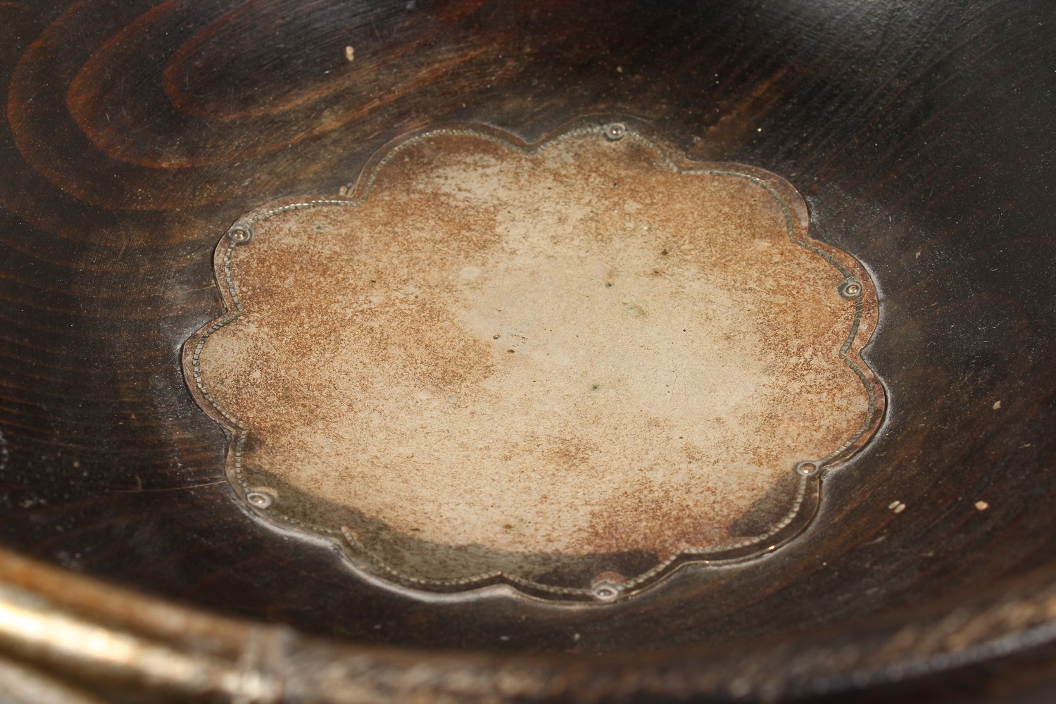 A LARGE WOODEN CIRCULAR BOWL, 11.5ins diameter, mounted with a plated squirrel and a pair of - Image 5 of 7