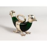 A NOVELTY GREEN GLASS AND PLATED DOUBLE ENDED DUCK DECANTER. 10.5ins long.