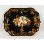 A GOOD LARGE VICTORIAN PAPIER MACHE SHAPED RECTANGULAR TRAY, painted to the centre with a vase of