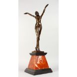 AN ART DECO STYLE BRONZE OF A FEMALE DANCER, with arms aloft, on a marble base. 22ins high.