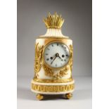 A VERY GOOD LOUIS XVI WHITE MARBLE AND ORMOLU CLOCK, of oval form with lyre mounts and scrolls,