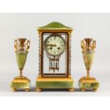 A VERY GOOD FRENCH ORMOLU AND CHAMPLEVE ENAMEL THREE PIECE CLOCK GARNITURE, the clock with white