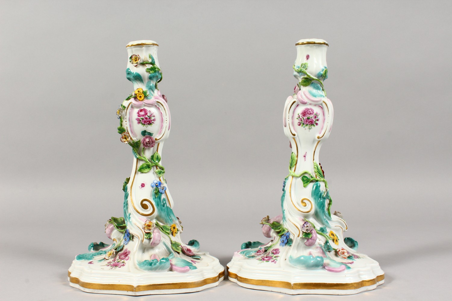 A GOOD PAIR OF 19TH CENTURY MEISSEN CANDLESTICKS, with scrolls, painted and encrusted with flowers - Image 2 of 12