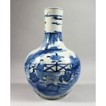 A LARGE CHINESE BLUE AND WHITE BOTTLE VASE. 14ins high.