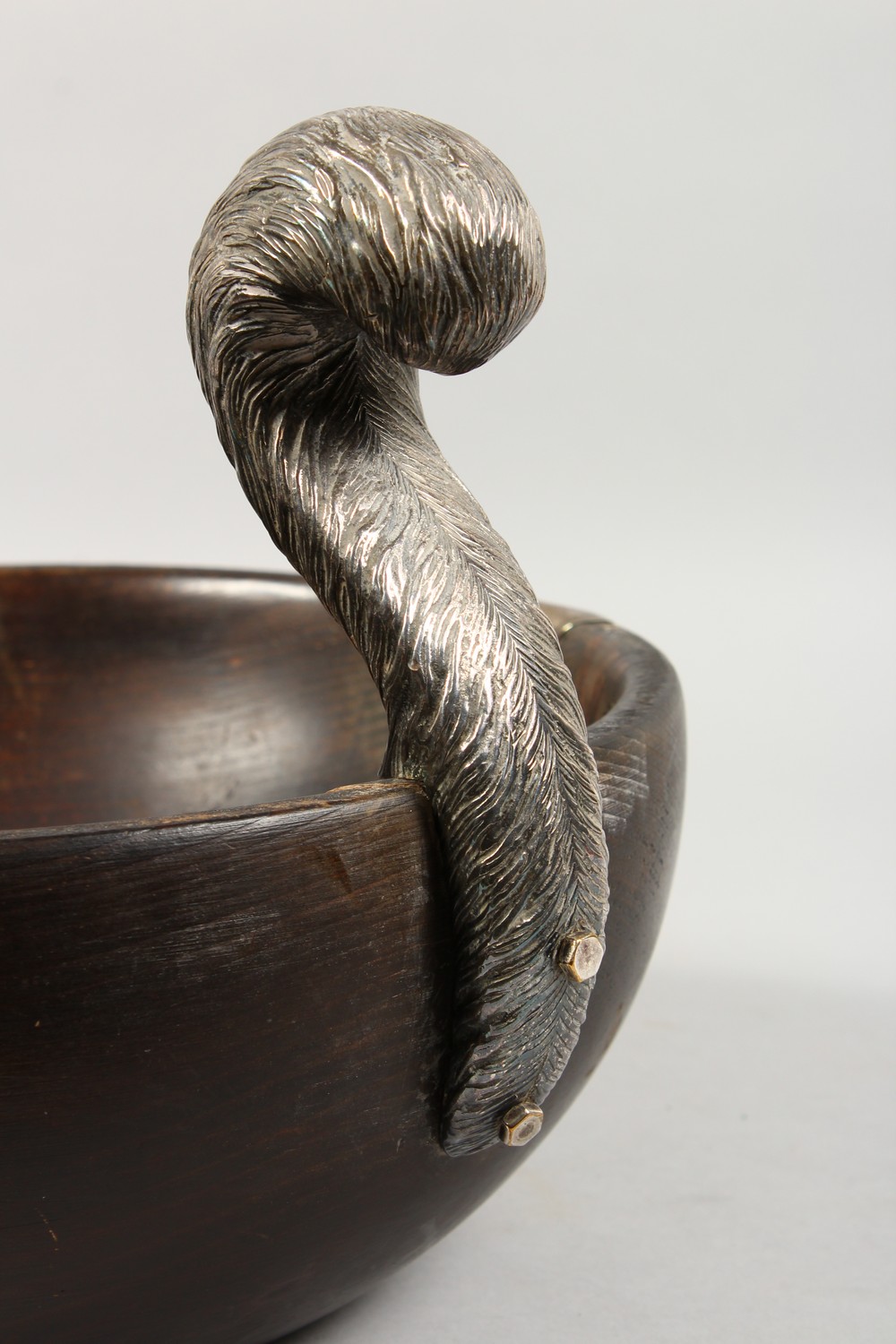 A LARGE WOODEN CIRCULAR BOWL, 11.5ins diameter, mounted with a plated squirrel and a pair of - Image 6 of 7