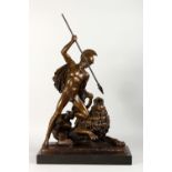 A GOOD BRONZE CLASSICAL GROUP, a Roman gladiator spearing a lion, on a marble base. 24ins high.