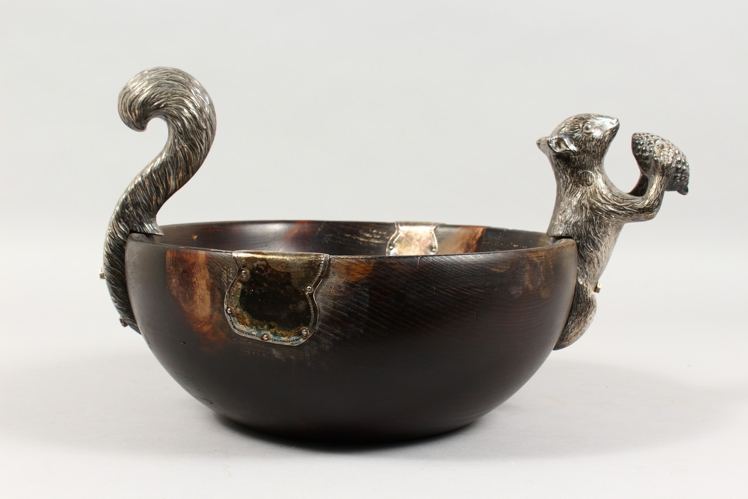 A LARGE WOODEN CIRCULAR BOWL, 11.5ins diameter, mounted with a plated squirrel and a pair of - Image 3 of 7