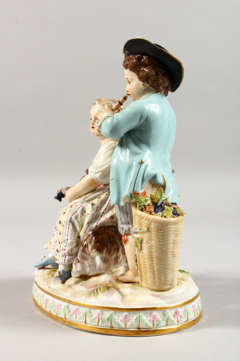 A 19TH CENTURY MEISSEN PORCELAIN GROUP OF A BOY AND GIRL, with goat and fruiting vines. Cross swords - Image 6 of 10