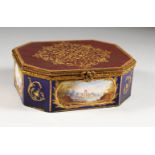 A GOOD SEVRES PORCELAIN CASKET, with leather top, the sides painted with landscape scenes on a
