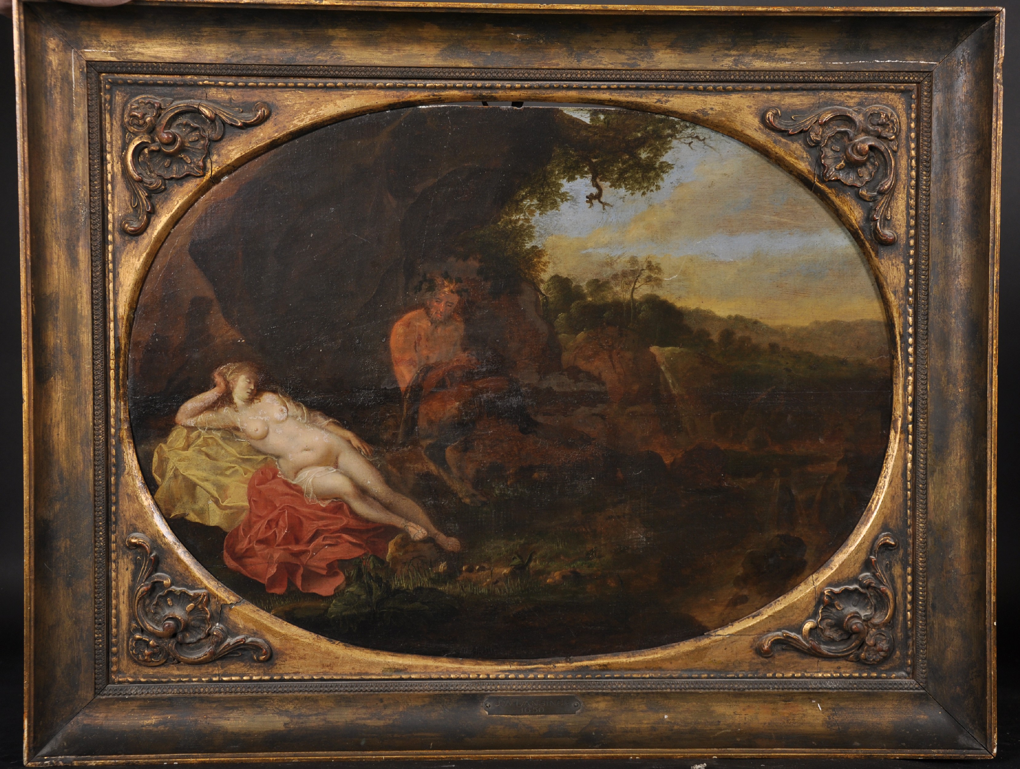 J...W... Lansinck (17th Century) Dutch. A Reclining Nude with a Faun in Attendance, Oil on Panel, - Image 2 of 4