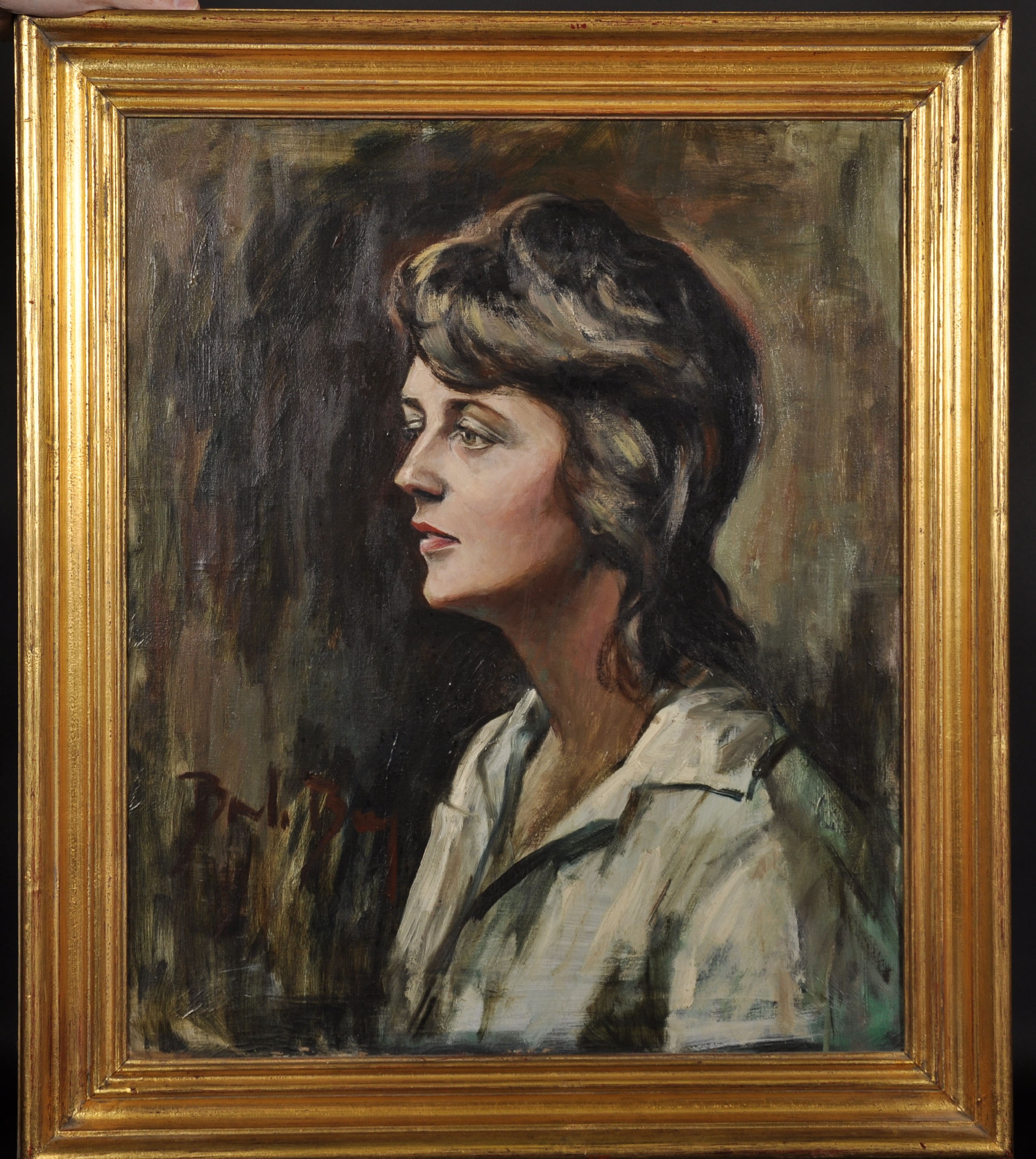 20th Century English School. Portrait of a Lady, Oil on Canvas, Indistinctly Signed, 24" x 20". - Image 2 of 4