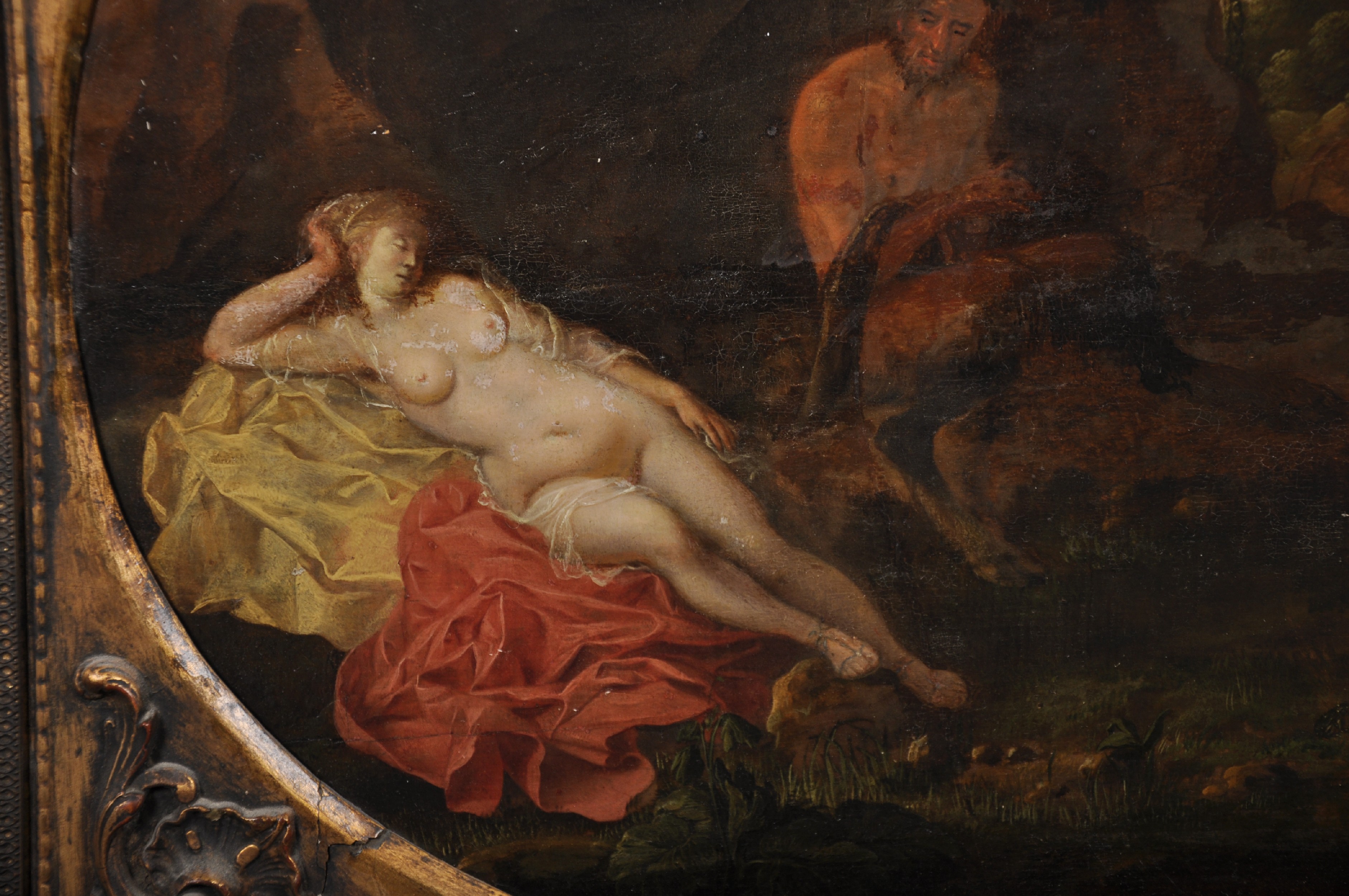 J...W... Lansinck (17th Century) Dutch. A Reclining Nude with a Faun in Attendance, Oil on Panel, - Image 3 of 4