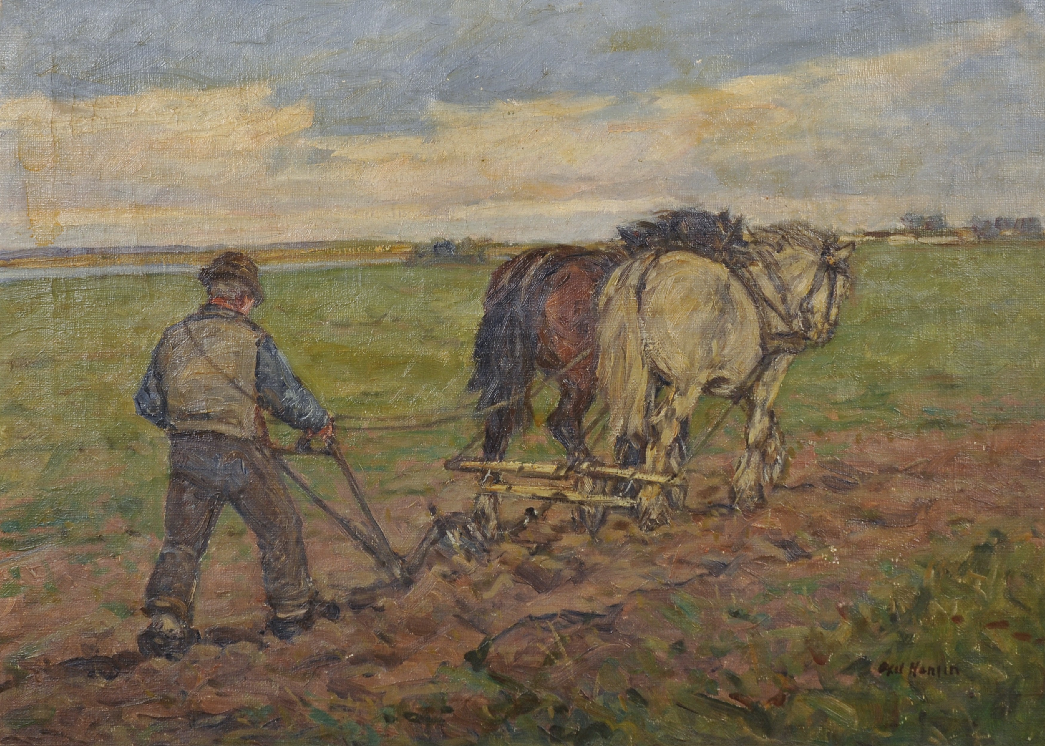 Axel Hanlin (Early 20th Century) European. A Plough Team, Oil on Canvas, Indistinctly Signed, 18.25"