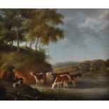 19th Century English School. A Drover with Cattle Watering, Oil on Board, in a Hollow Gilt Frame, 7"