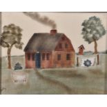 20th Century American School. A Na ve Landscape, with a Cottage and Sheep in the foreground,