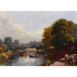 19th Century English School. A River Landscape, with Figures in Boats, Oil on Board, 8" x 10.75".
