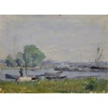 Early 20th Century English School. Boats Moored on a River, Oil on Board, Unframed, Inscribed on the