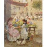 Vladimir Goussev (1957- ) Russian. 'The Flower Stand', with Two Young Girls and Chickens in a Market