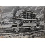 T... Bianco (20th Century) European. "Madrid-Paris", a Coach with Passengers, on a Snowy Road, Mixed