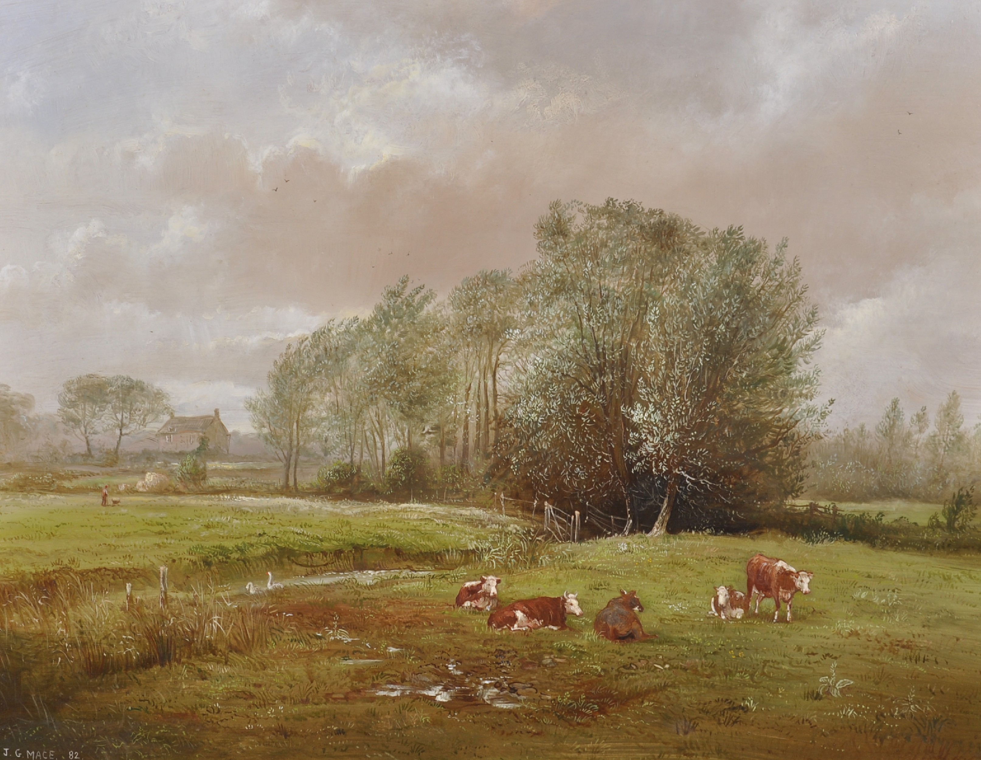 John G Mace (20th - 21st Century) British. A River Landscape, with Cattle in a Field, Oil on