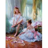 Konstantin Razumov (1974- ) Russian. "The Young Ballerinas", Two Young Girls in an Interior, Oil