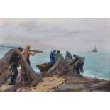 Grigori Avksentevich Dovzhenko (1899-1980) Russian. "Fishmongers", Figures loading Nets onto a Small