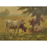 William Evans Linton (1878-c.1956) British. "Summertime", a River Landscape, with Cattle, Oil on