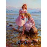 Konstantin Razumov (1974- ) Russian. "On Lake Como, Italy", with Two Young Girls, with a Toy Boat,