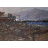 Mike Parsons (1941-2017) South African. 'Hout Bay Harbour (Cape Town), a Harbour Scene, with Figures