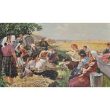 20th Century Russian School. Figures resting from a Harvest, Oil on Canvas, Unframed, 34.5" x 58.