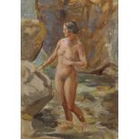 Reginald Robert Tomlinson (1885-?) British. Study of a Naked Lady, standing in a Rock Pool, Oil on