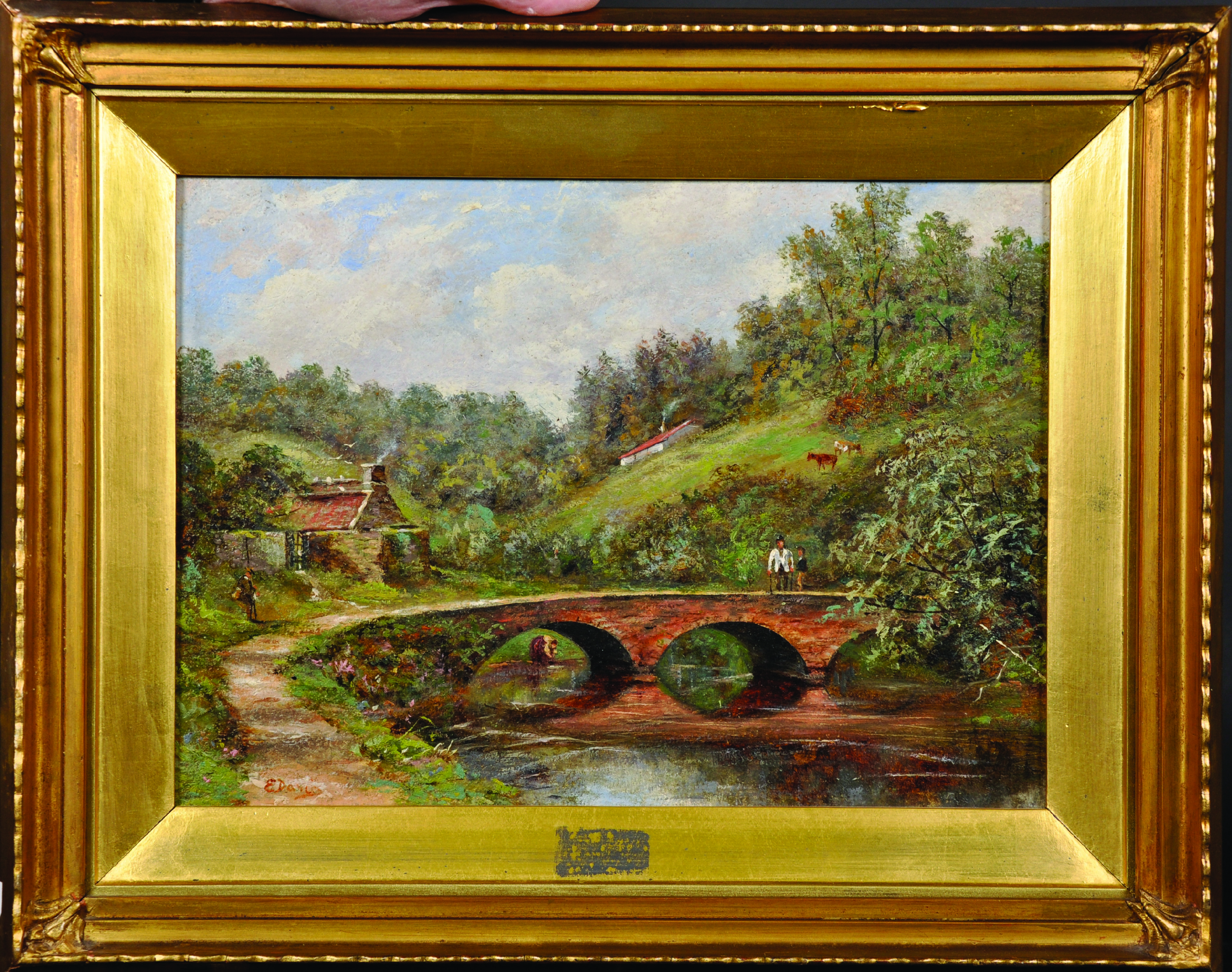 E... Davies (19th Century) British. A Tranquil River Landscape, with Figures by a Bridge, and a - Image 2 of 5