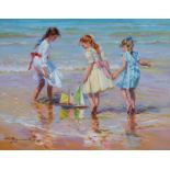 Konstantin Razumov (1974- ) Russian. "Sun on the Waves", Three Young Girls with a Toy Boat, on the