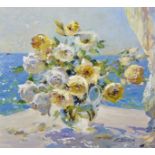 20th Century Russian School. Still Life of Flowers in a Vase, with a Coastal Scene beyond, Oil on