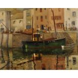 William Atherton Cathcart (20th Century) British. "In Mevagissey Harbour", with Figures on the