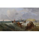 John R... Bullock (19th - 20th Century) British. A Coastal Scene, with Figures in a Boat, a