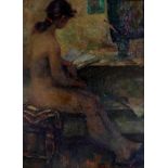 Vladimir Trofimovitch Skriabin (1927-1989) Russian. "Nude", Seated at a Table reading a Book, Oil on