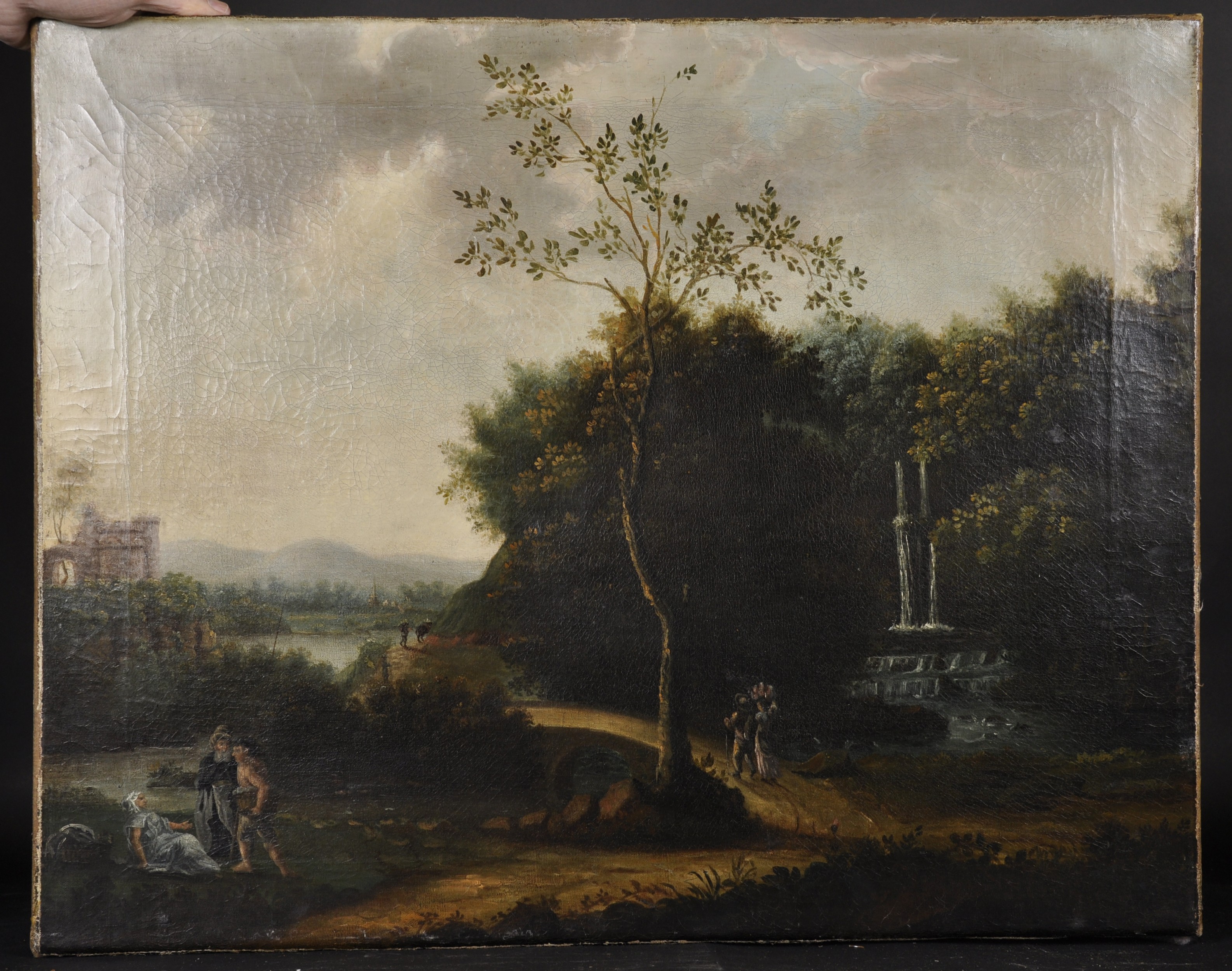 18th Century Dutch School. Figures resting on a Path, with a Waterfall in Woods behind, and a Castle - Image 2 of 5