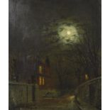 Walter Linsley Meegan (1859-1944) British. A Moonlit Street Scene, with a Girl on the Pavement,