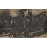 20th Century European School. Stable Interior with Horses, Etching, Indistinctly Signed and