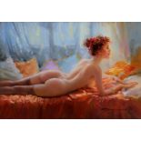 Konstantin Razumov (1974- ) Russian. "Nude", a Naked Girl lying on a Bed, Oil on Canvas, Signed in