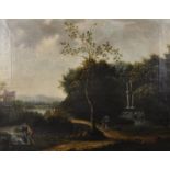 18th Century Dutch School. Figures resting on a Path, with a Waterfall in Woods behind, and a Castle