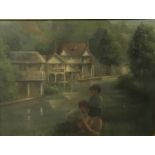 Early 20th Century English School. Young Boys Fishing on a Riverbank, Oil on Board, 11.5" x 15".