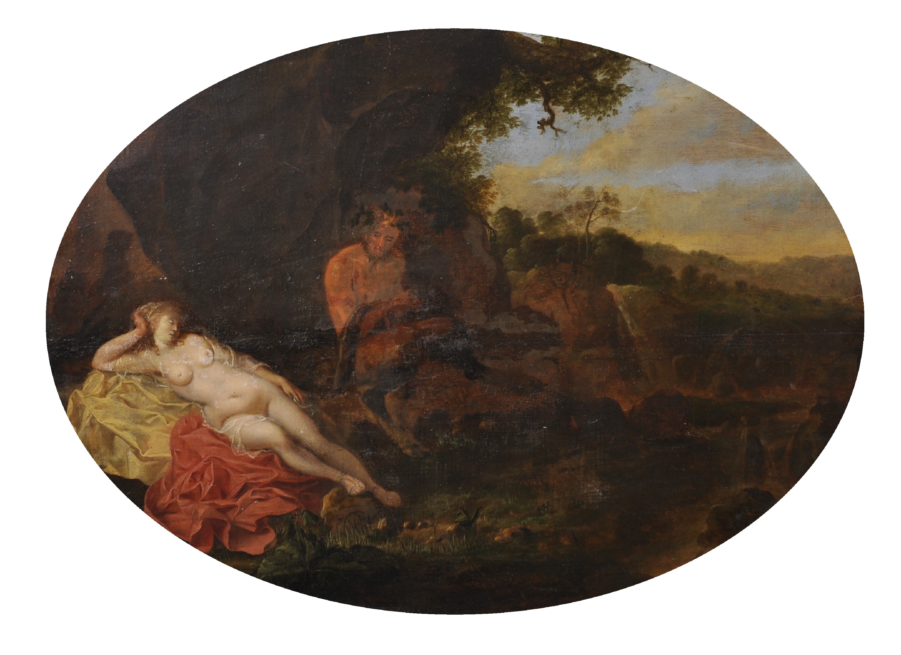 J...W... Lansinck (17th Century) Dutch. A Reclining Nude with a Faun in Attendance, Oil on Panel,