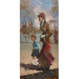 20th Century French School. A Parisian Street Scene, with an Elegant Lady and Child, Oil on