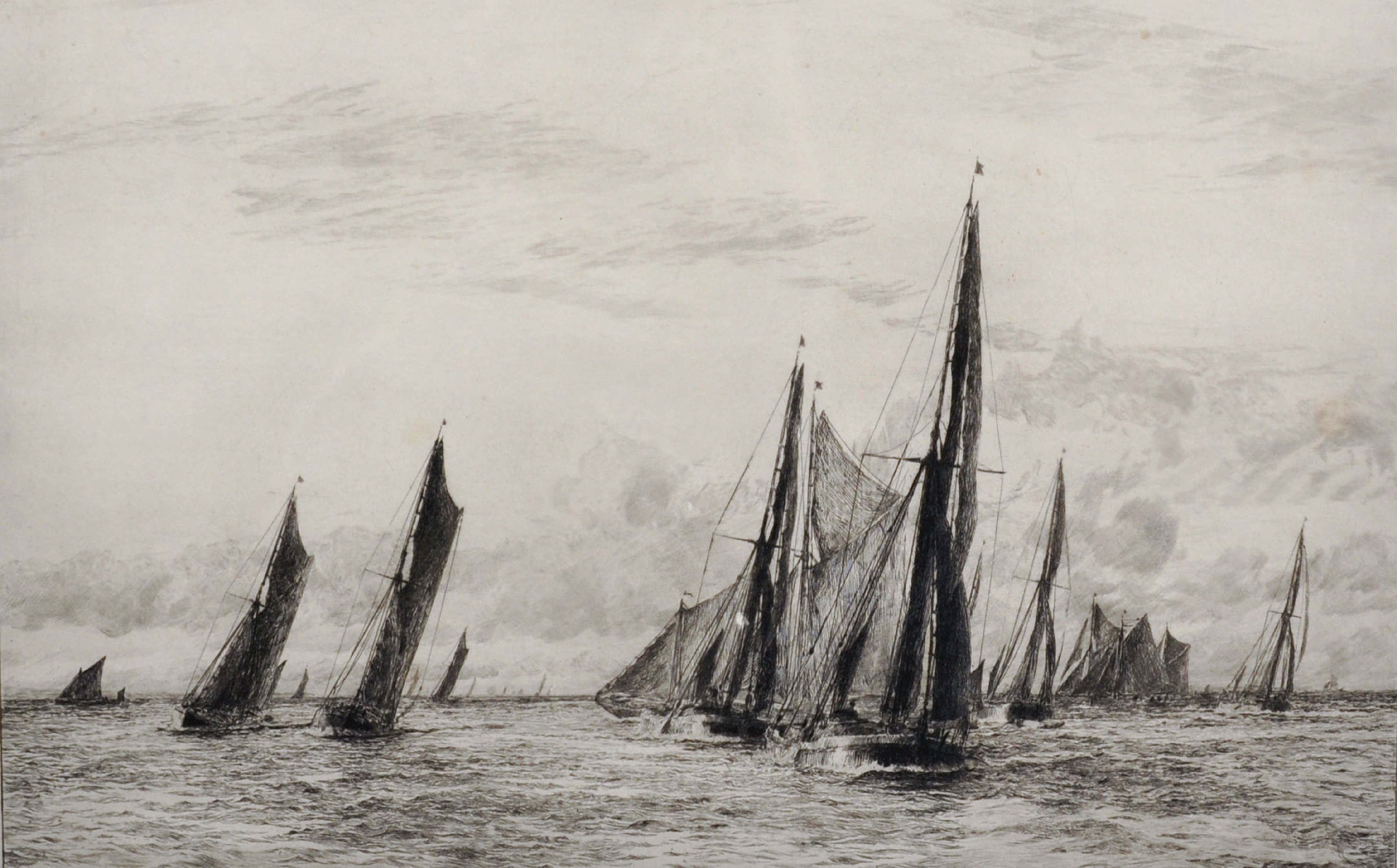 William Lionel Wyllie (1851-1931) British. "Thames Barges Racing on the Medway", 1896, Etching,