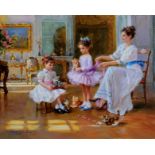 Konstantin Razumov (1974- ) Russian. "The Kittens", a Mother and Two Young Girls, playing with