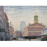 Louis Novak (1903-1983) American. "Sunday at Faneuil Hall" (Boston, Massachusetts), Woodcut in