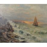 M... Fegust (20th Century) European. A Coastal Scene, with a distant Sailing Boat, Oil on Canvas,