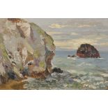 Kay Richardson (1894-1971) British. "Gull Rock, N. Cornwall", a Coastal Scene, Oil on Board,